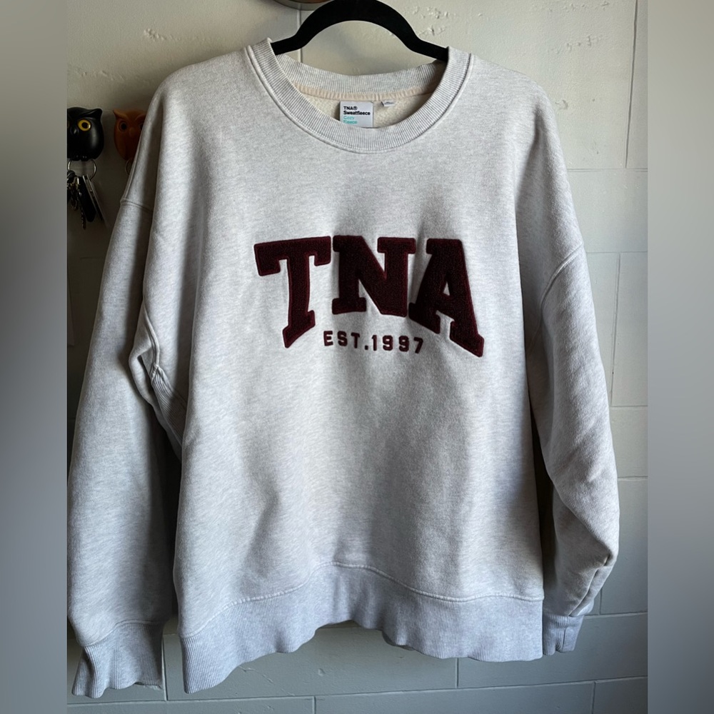Aritzia TNA Crewneck Sweatshirt in Light Gray with Maroon Logo